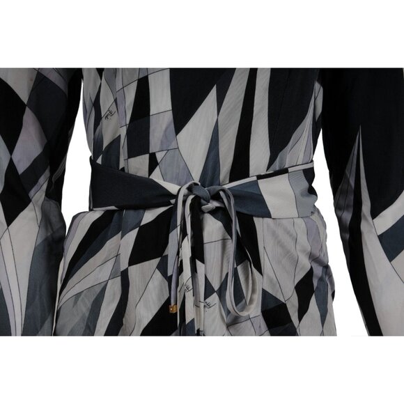Emilio Pucci Print Long Sleeve Top IT 40 Medium Gray White Viscose Belted Blouse - Picture 9 of 16